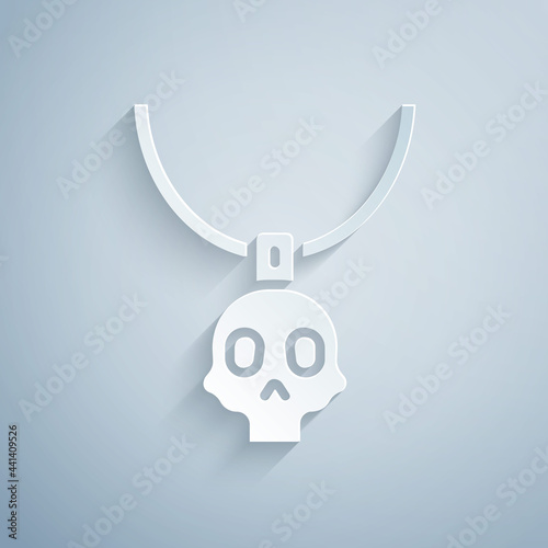 Paper cut Necklace amulet icon isolated on grey background. Paper art style. Vector