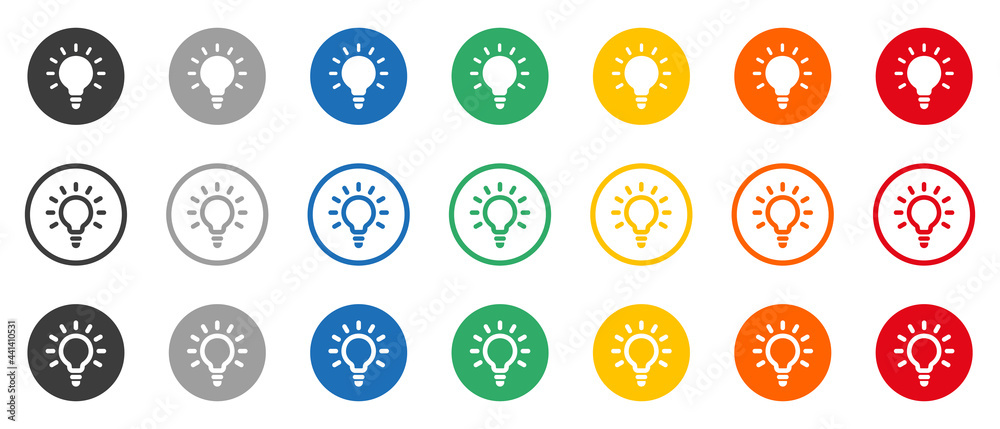 Set of round buttons with lightbulb. Light bulb icon in a circle. Idea, different colorful buttons. Vector illustration. Set of round buttons with lightbulb. Light bulb icon in a circle. Idea, different colorful buttons. Vector illustration.