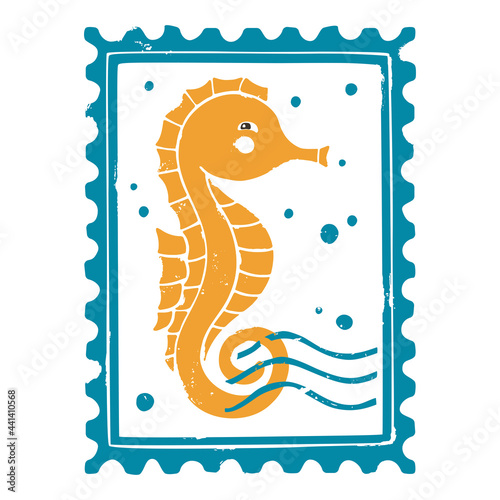 Textured sea post stamp with yellow seahorse and waves. Sea animal in a cartoon style. For decoration, design, tattoo or scrapbooking. Vector shabby hand drawn illustration