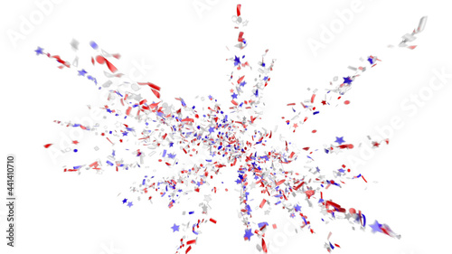 Festive explosion of blue, red and white confetti on a white background.