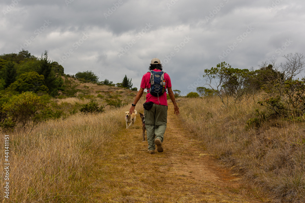 man walking along a mountain path next to his dogs with a backpack on his back