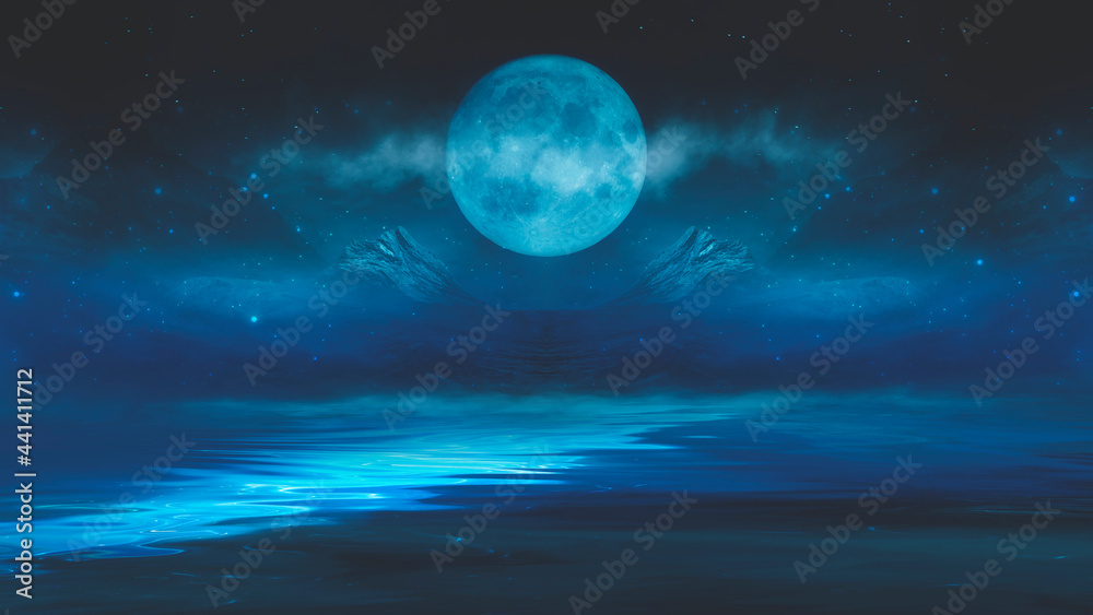 Futuristic fantasy night landscape with abstract landscape and island, moonlight, radiance, moon, neon. Dark natural scene with light reflection in water. Neon space galaxy portal. 3D illustration. 