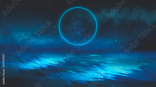 Futuristic fantasy night landscape with abstract landscape and island, moonlight, radiance, moon, neon. Dark natural scene with light reflection in water. Neon space galaxy portal. 3D illustration. 