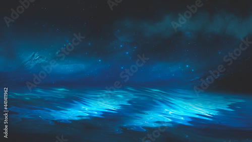 Futuristic fantasy night landscape with abstract landscape and island, moonlight, radiance, moon, neon. Dark natural scene with light reflection in water. Neon space galaxy portal. 3D illustration. 