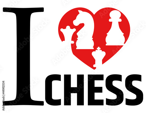 Chess day greeting card. Chess pieces silhouettes in heart. I love chess. International chess day. 20 july