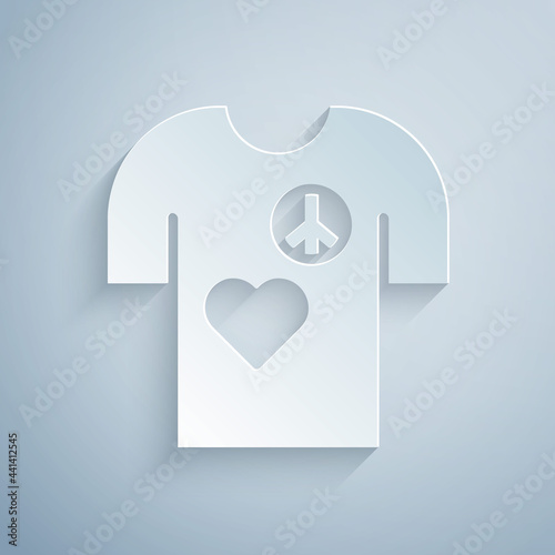 Paper cut Peace symbol t-shirt print stamp icon isolated on grey background. Paper art style. Vector