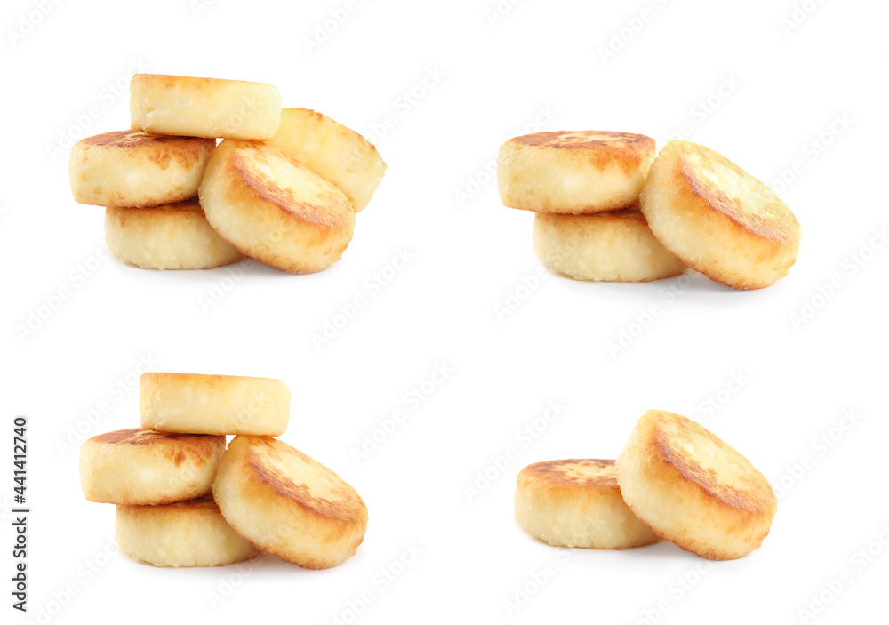 Set with delicious cottage cheese pancakes on white background