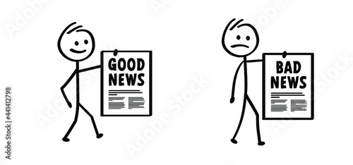 Greet news. Cartoon stickman with good news and bad news. Vector stick figures. Fact or fake newspaper sign. Like or dislike banner.
