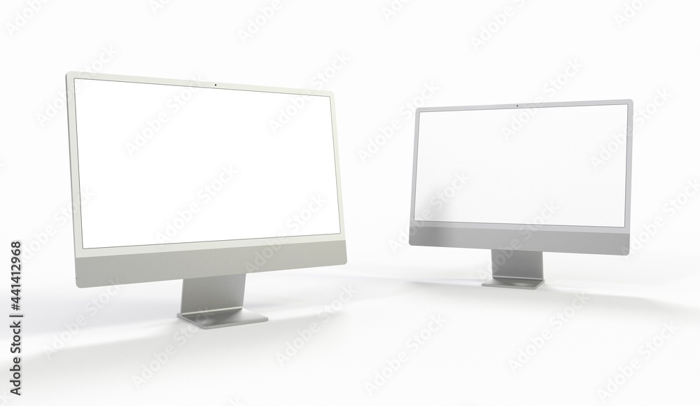 Computer display mock up with blank white screen. Stylish desktop computer mockup 3D - obrazy, fototapety, plakaty 
