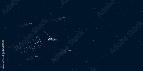 A rake symbol filled with dots flies through the stars leaving a trail behind. Four small symbols around. Empty space for text on the right. Vector illustration on dark blue background with stars
