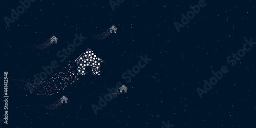A kennel symbol filled with dots flies through the stars leaving a trail behind. Four small symbols around. Empty space for text on the right. Vector illustration on dark blue background with stars