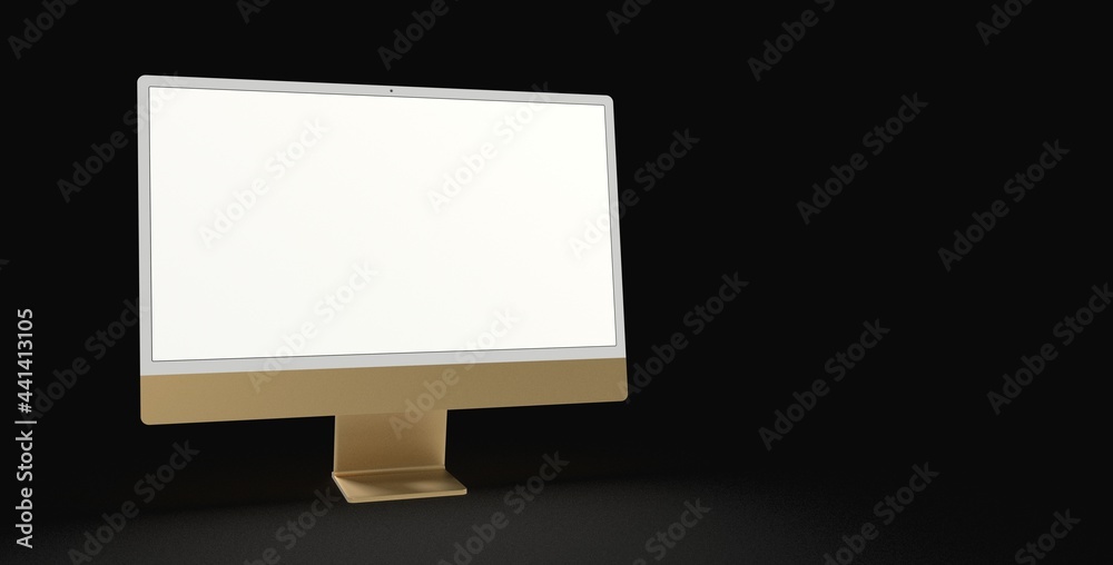 Realistic 3D Computer, with a white screen, isolated on a background dark gold Realistic 3D Computer, with a white screen, isolated on a background dark gold