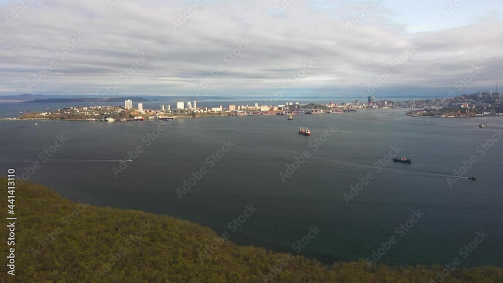 Panoramic aerial view of the strait and the bridge at dawn Panoramic aerial view of the strait and the bridge at dawn