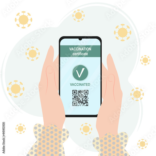 Vaccination certificate passport. A woman holds a smartphone with a mobile application with a QR code about a person vaccinated against COVID-19. New normal travel concept.