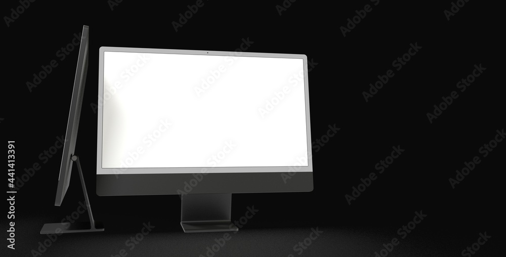 Computer display mock up with blank white screen. Stylish desktop computer mockup. dark Computer display mock up with blank white screen. Stylish desktop computer mockup. dark
