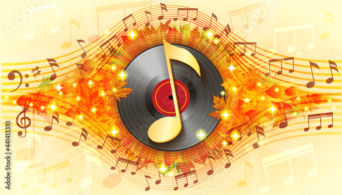 Musical autumn background with vinyl record.