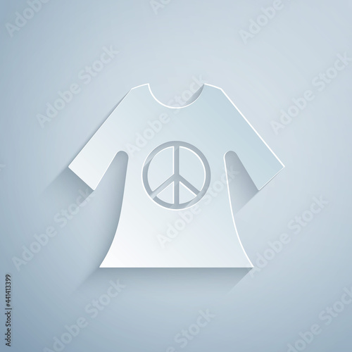 Paper cut Peace symbol dress print stamp icon isolated on grey background. Paper art style. Vector