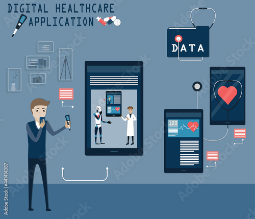 Flat of technology concept,Young man feeling unwell and he call to the doctor for advice via mobile application - vector