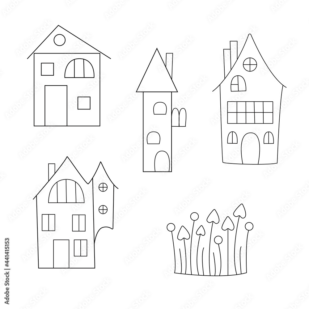 Halloween haunted houses set, simple doodle style cute outline vector illustration, autumn traditional holiday party decor, cards, invitations