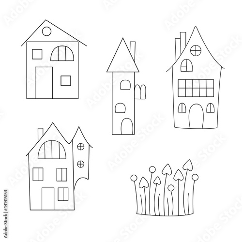Halloween haunted houses set, simple doodle style cute outline vector illustration, autumn traditional holiday party decor, cards, invitations