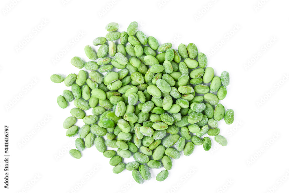 Heap of frozen edamame beans isolated over white, top view Heap of frozen edamame beans isolated over white, top view