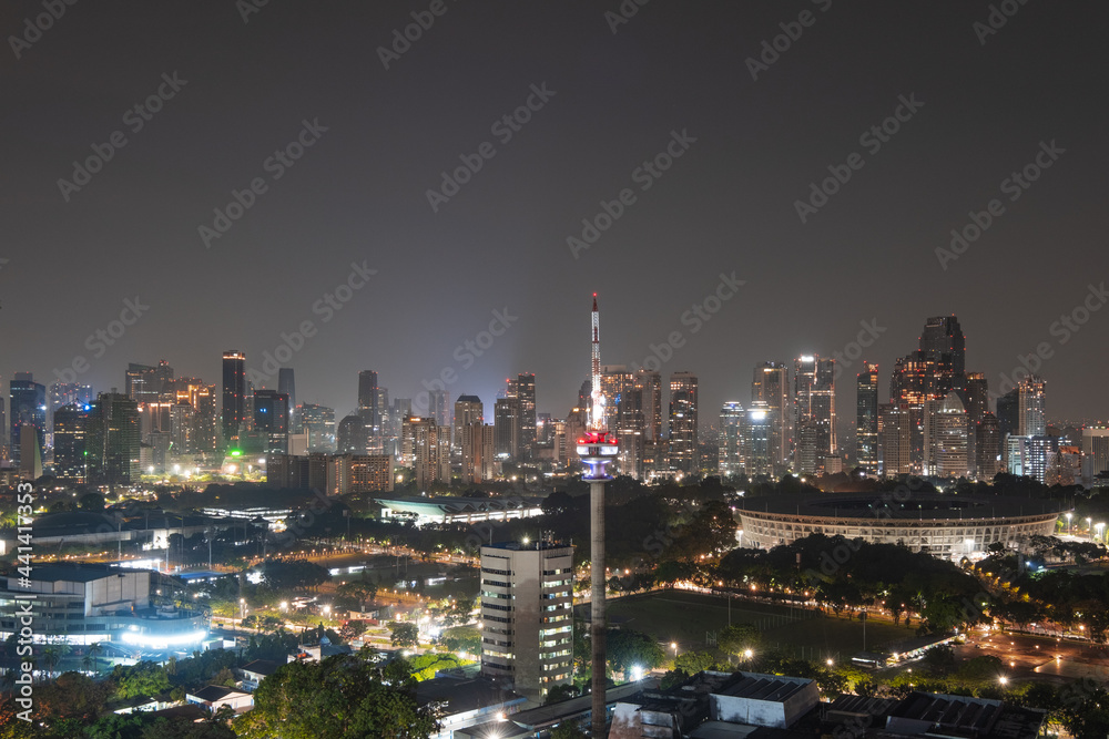 city skyline at night at Rooftop House of Representative of Indonesia