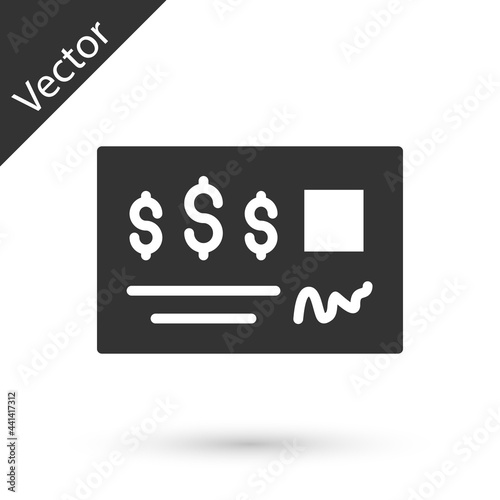 Grey Blank template of the bank check and pen icon isolated on white background. Checkbook cheque page with empty fields to fill. Vector