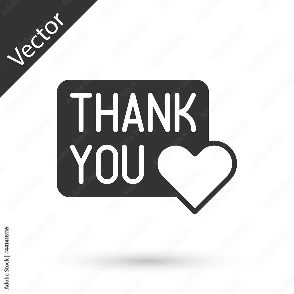 Grey Thank you with heart icon isolated on white background. Handwritten lettering. Vector