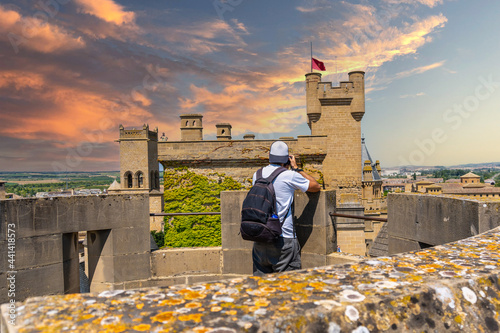 Quadro su tela A tourist visiting the Royal Palace in the medieval town of Olite, in southern Navarra
