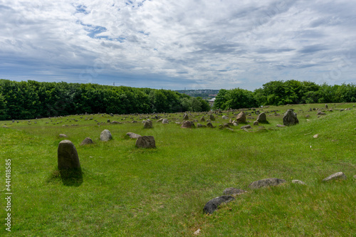 view of the grounds of the Lindholm Hills Viking burial site in northern Denmark