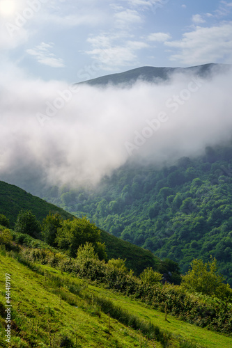 Sunrise among the clouds of the mountains in a green landscape. Santander. © josemiguelsangar