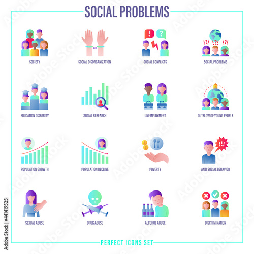 Social problems gradient icons set. Unpredictable future, social research, anti social behavior, education disparity, unemployment, outflow of young people, poverty, sexual abuse. Vector illustration