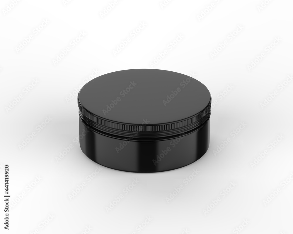 Black metallic cosmetic jar mock up, blank aluminium round tin box on isolated white background, 3d illustration Black metallic cosmetic jar mock up, blank aluminium round tin box on isolated white background, 3d illustration
