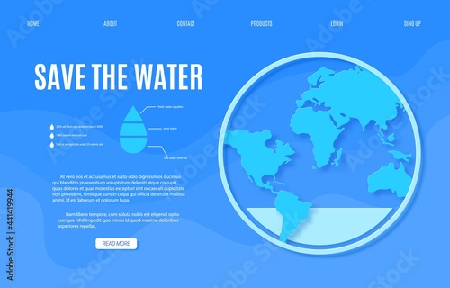 Web page Save the Water banner design template in paper cut style. Outline circle with Earth map silhouette on blue background. 22 March World Water Day website. Vector environmental card concept.