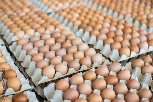 Chicken eggs in carton box on wooden table at market ready to be cooked. © Tarokmew