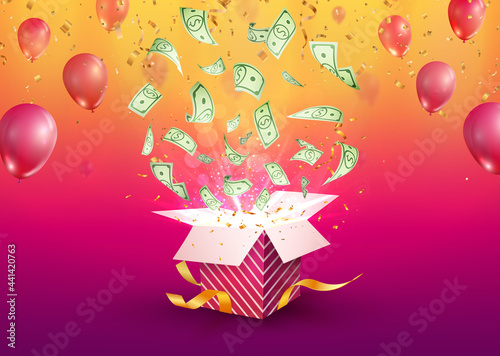 Win money vector illustration. Gambling advertising banner. Open textured gift box with dollar currency explosion out off. Giftbox on bright background.  photo