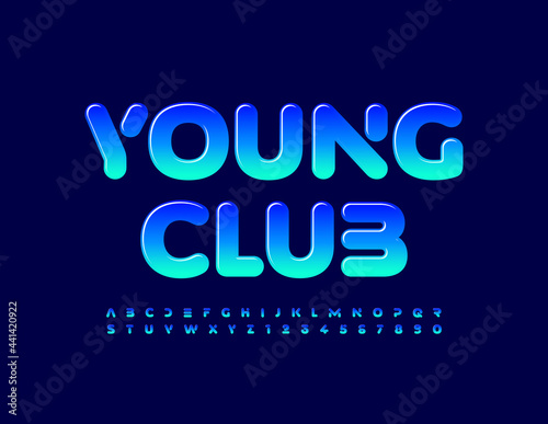 Vector creative banner Young Club. Blue gradient Font. Glossy set of Alphabet Letters and Numbers