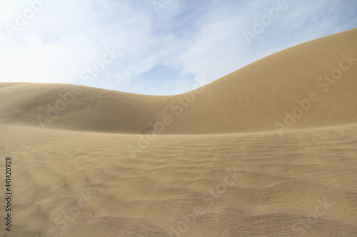 The large yellow sand dune of the Singing Dune in Altyn-Emel  the wind blows the sand  on the sand there are waves from the wind  the sky with gentle clouds  summer