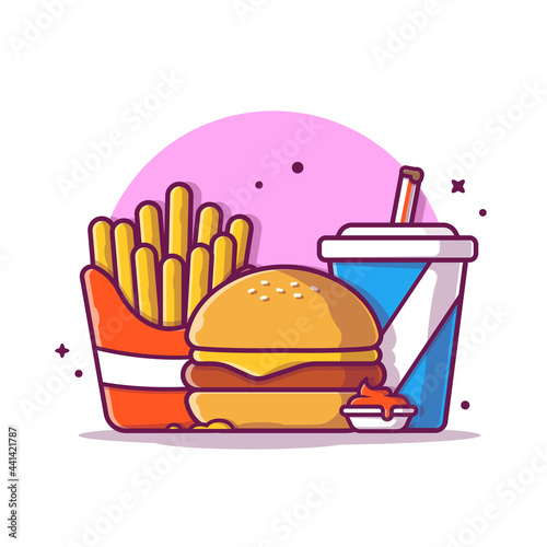 Burger, French fries And Soft Drink Cartoon Vector Icon Illustration. Food Object Icon Concept Isolated Premium Vector. Flat Cartoon Style
