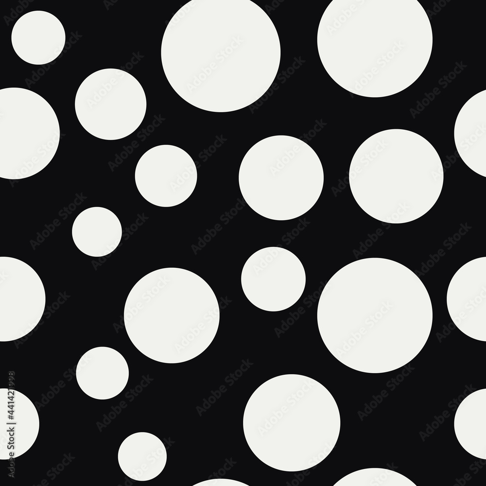 Simple bubbles pattern. Seamless white circles and black background. Vector white bubble.