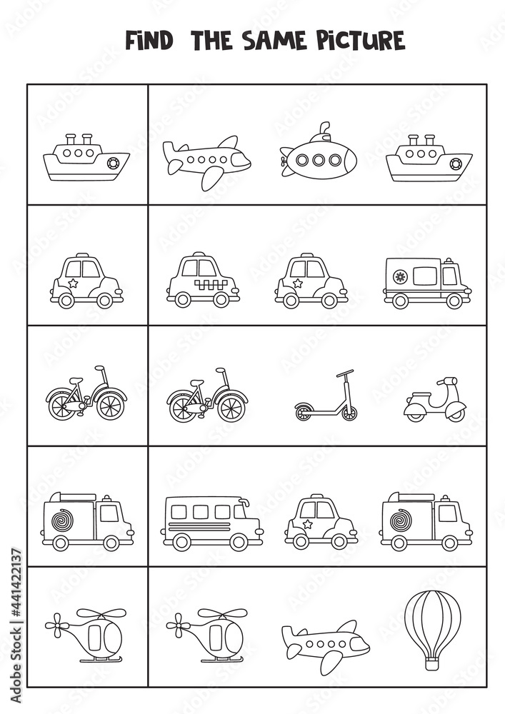 Find two the same transport. Black and white worksheet. Stock Vector ...