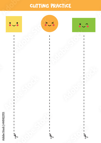 Cutting practice for children with cute geometrical shapes.