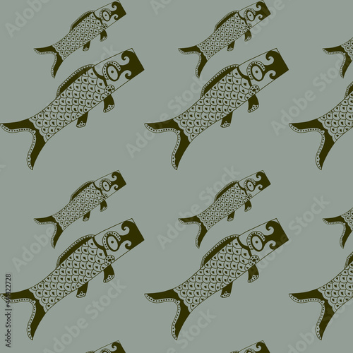 Pattern of green japanese koi carps on gray background