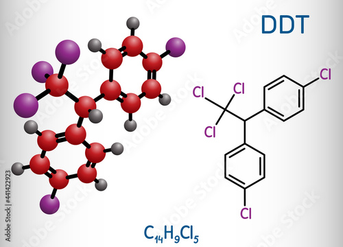 DDT, dichlorodiphenyltrichloroethane molecule. It is commonly used organochlorine insecticide. Structural chemical formula and molecule model