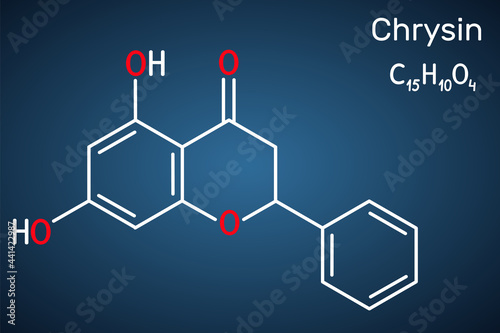 Chrysin, Chrysine molecule. It is flavone, dihydroxyflavone, is found in honey, propolis, the passion flowers, Passiflora caerulea. Structural chemical formula on the dark blue background