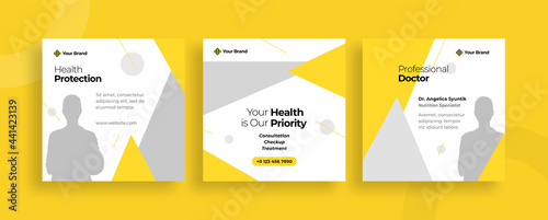 Set of editable templates for Instagram post, Facebook square, social media, health, medical, doctor, advertisement, and business promotion, fresh design with yellow color and minimalist vector (3/3)
