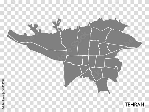 High Quality map of  Tehran is a capital in Iran, with borders of the regions. Map of Tehran for your web site design, app, UI. EPS10.