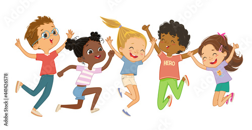 Multicultural boys and girls play together, happily jump and dance. Concept of fun and vibrant moments of childhood. Vector illustrations.