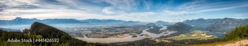 Panoramic View of Fraser Valley from top of the mountain. Canadian Nature Landscape Background. Harrison Mills near Chilliwack, British Columbia, Canada.