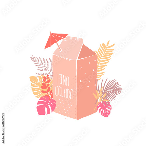 Vintage pina colada pack with tropical leaves